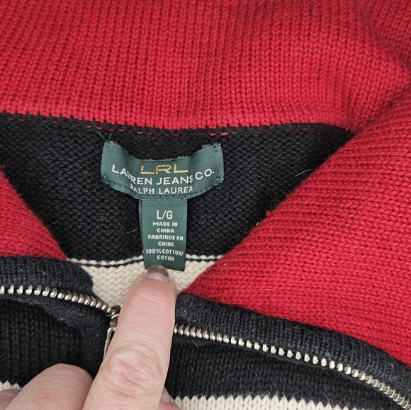 Lauren Jeans Co Ralph Lauren womens L cable knit 1/4 zip black & white p - Picture 3 of 8